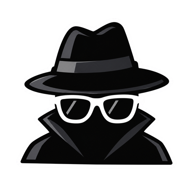 A mysterious spy in a black fedora, white-framed sunglasses and trench coat, outlined in white.